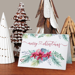 Poinsettia-waterverfslinger met winterblad feestdagen kaart