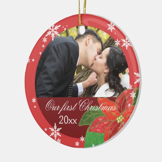 Poinsettia Wedding Couple's eerste kerstcadeau Keramisch Ornament (Links)
