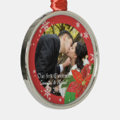 Poinsettia Wedding Couple's eerste kerstcadeau Metalen Ornament (Rechts)