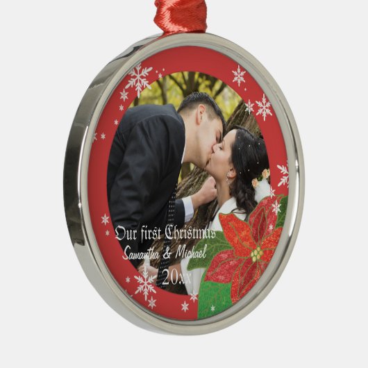 Poinsettia Wedding Couple's eerste kerstcadeau Metalen Ornament (Rechts)