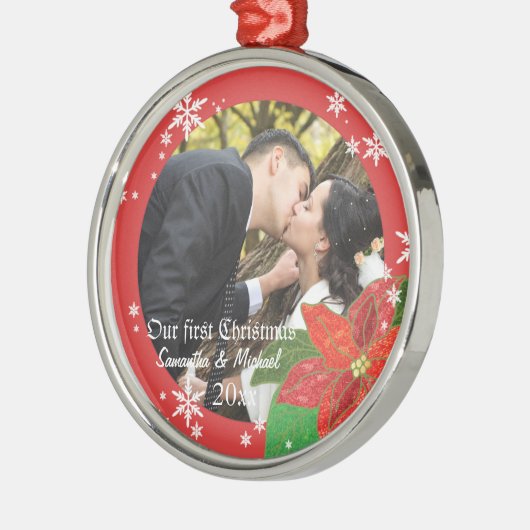 Poinsettia Wedding Couple's eerste kerstcadeau Metalen Ornament (Links)