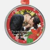 Poinsettia Wedding Couple's eerste kerstcadeau Metalen Ornament (Voorkant)