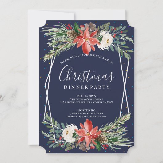 Poinsettia & white roses Kerstdiner Kaart (Voorkant)