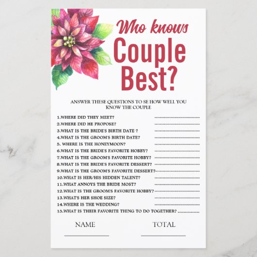 Poinsettia Who knows Couple  Bridal Shower Game (Voorkant)