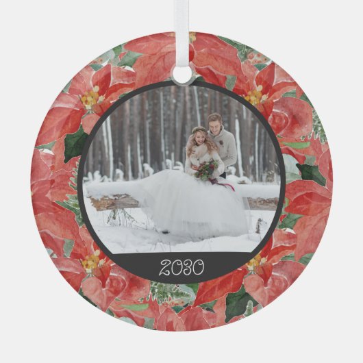 Poinsettia Winter | Foto- en jaarstokglas of Glas Ornament (Voorkant)