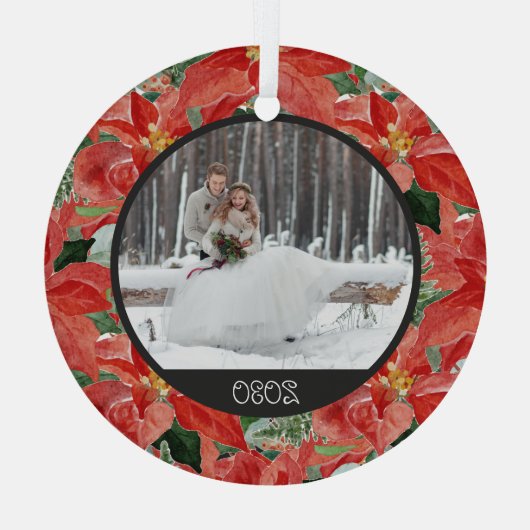 Poinsettia Winter | Foto- en jaarstokglas of Glas Ornament (Achterkant)