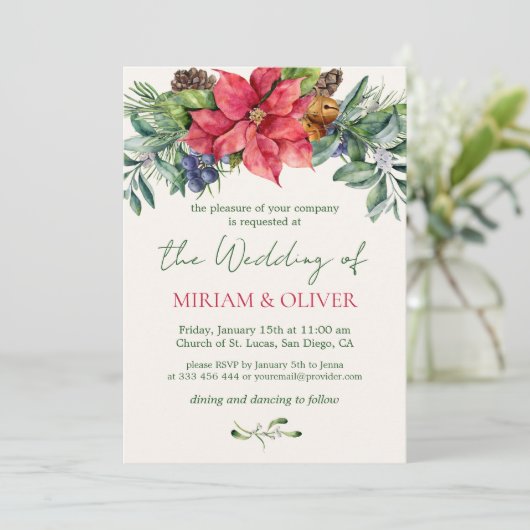 Poinsettia Winter Greenery bruiloft Kaart (Staand voorkant)