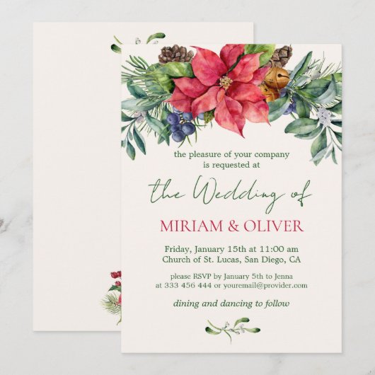 Poinsettia Winter Greenery bruiloft Kaart (Voorkant / Achterkant)