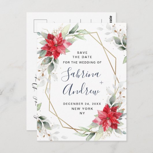 Poinsettia Winter Groen Bruiloft Save the Date Briefkaart (Voorkant / Achterkant)
