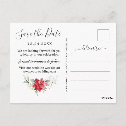 Poinsettia Winter Groen Bruiloft Save the Date Briefkaart (Achterkant)