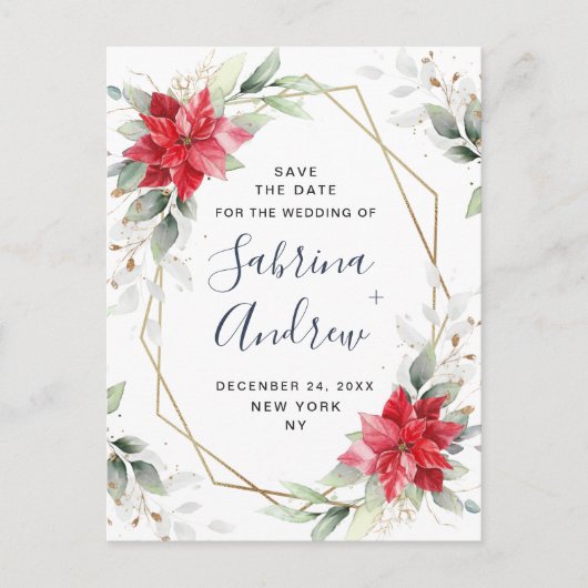Poinsettia Winter Groen Bruiloft Save the Date Briefkaart (Voorkant)