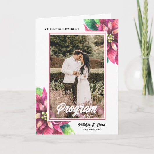 Poinsettia Winter Kerstmis gevouwen bruiloft Programma (Voorkant)