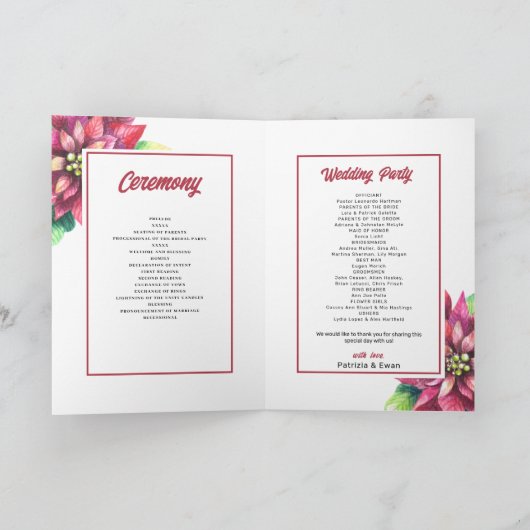 Poinsettia Winter Kerstmis gevouwen bruiloft Programma (Binnen)