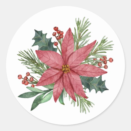 Poinsettia Winter Rode Bloemen Vrolijk Kerstfeest Ronde Sticker (Voorkant)