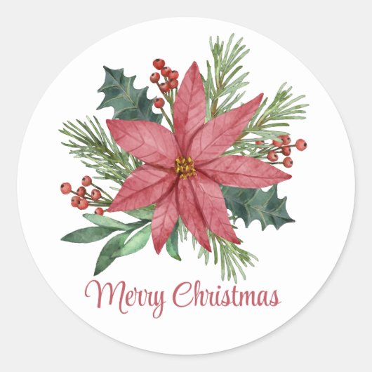Poinsettia Winter Rode Bloemen Vrolijk Kerstfeest Ronde Sticker (Voorkant)
