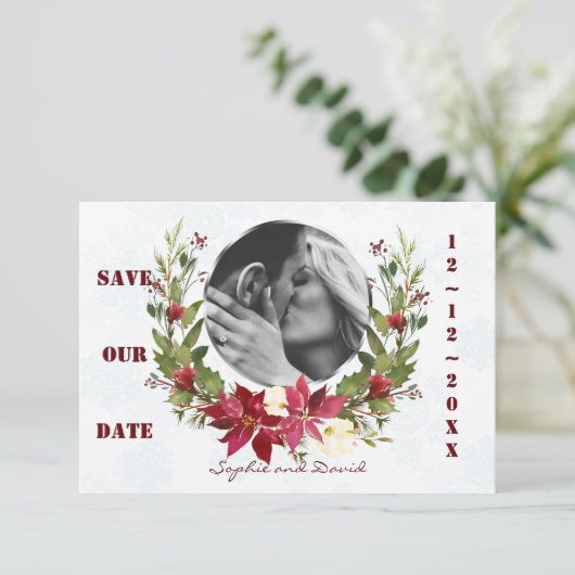 Poinsettia Winterkrans Bruiloft Save the Date (Staand voorkant)