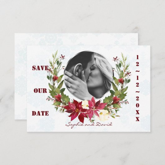 Poinsettia Winterkrans Bruiloft Save the Date (Voorkant / Achterkant)