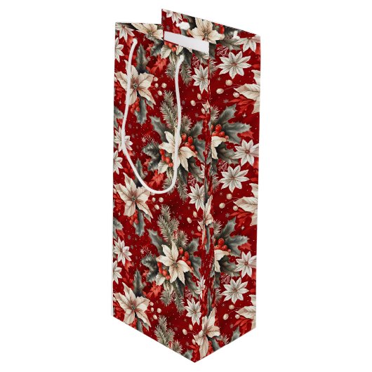 Poinsettia wit rood groen wijn cadeautas (Voorkant Gekanteld)