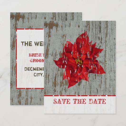 Poinsettia & Wood Save the Date Winter Weddenschap (Voorkant / Achterkant)
