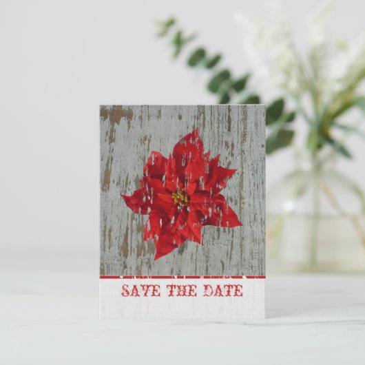 Poinsettia & Wood Save the Date Winter Weddenschap (Staand voorkant)