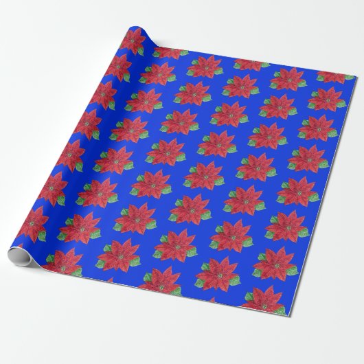 Poinsettia Wrapping Paper - Blauwe achtergrond Cadeaupapier (Uitgerold)