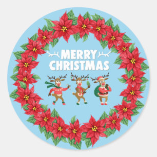 Poinsettia Wreater Dansende Reindeer Kerst Ronde Sticker