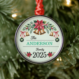 Poinsettia Wreath Bells Family Name 2025 Christmas Metalen Ornament