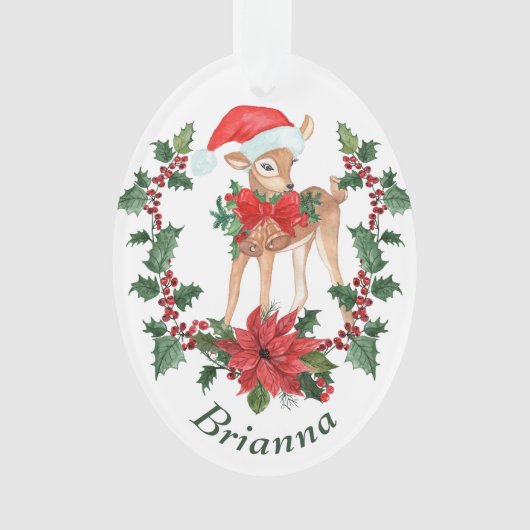 Poinsettia Wreath Deer Fawn Kinder Kerstmis Ornament (voorkant)