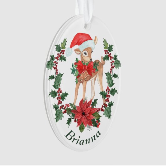 Poinsettia Wreath Deer Fawn Kinder Kerstmis Ornament (voorkant)