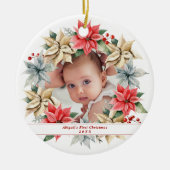 Poinsettia Wreath & Foto Baby's Eerste Kerstmis Keramisch Ornament (Voorkant)