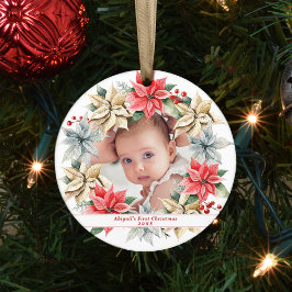 Poinsettia Wreath & Foto Baby's Eerste Kerstmis Keramisch Ornament