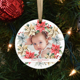 Poinsettia Wreath & Foto Baby's Eerste Kerstmis Keramisch Ornament