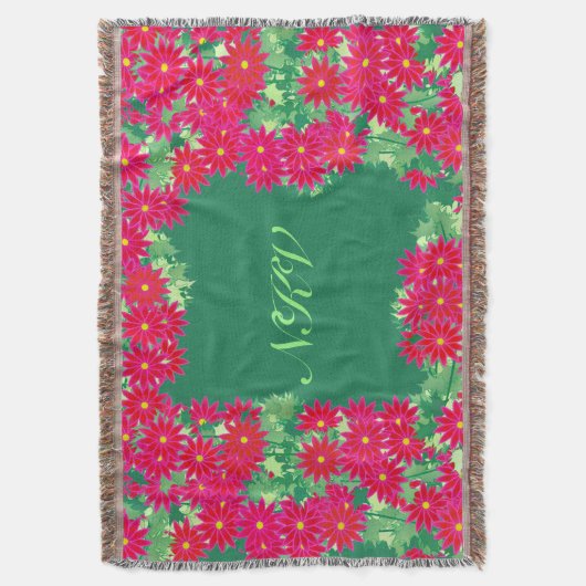 Poinsettia Wreath met monogram, rood en groen Deken (Voorkant Verticaal)