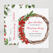 Poinsettia Wreath Save the Date Kerstparty Aankondigingskaart (Voorkant / Achterkant)