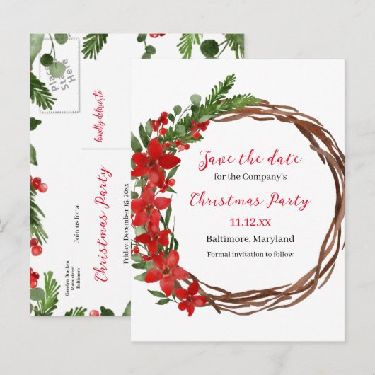 Poinsettia Wreath Save the Date Kerstparty Aankondigingskaart (Voorkant / Achterkant)