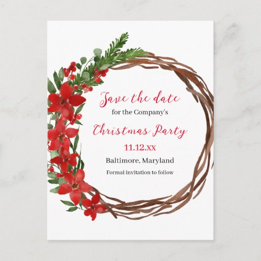 Poinsettia Wreath Save the Date Kerstparty Aankondigingskaart (Voorkant)