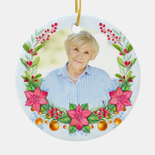 Poinsettia Wreator Photo Memorial Kerstmis Keramisch Ornament (Voorkant)