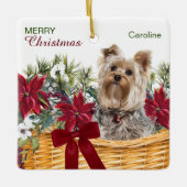 Poinsettia Yorkie Terrier kerstmandje Keramisch Ornament (Voorkant)