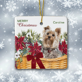 Poinsettia Yorkie Terrier kerstmandje Keramisch Ornament