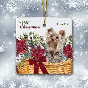 Poinsettia Yorkie Terrier kerstmandje Keramisch Ornament