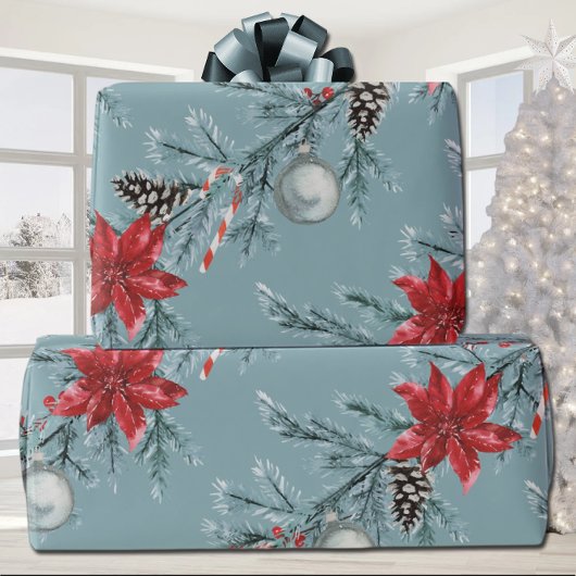Poinsettias Christmas Blue Spruce Garland Blue Cadeaupapier