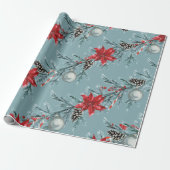 Poinsettias Christmas Blue Spruce Garland Blue Cadeaupapier (Uitgerold)