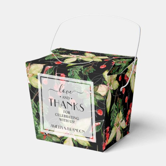 Poinsettias en Berries met zwarte kerst Bedankdoosjes (Voorkant Zijde)