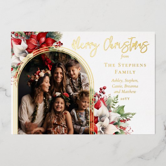 Poinsettias en dennen gebogen foto Vrolijk kerstfe Folie Feestdagenkaart (Voorkant)