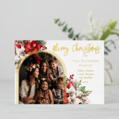 Poinsettias en dennen gebogen foto Vrolijk kerstfe Folie Feestdagenkaart (Staand Voorkant)