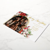 Poinsettias en dennen gebogen foto Vrolijk kerstfe Folie Feestdagenkaart (Gedraaid)