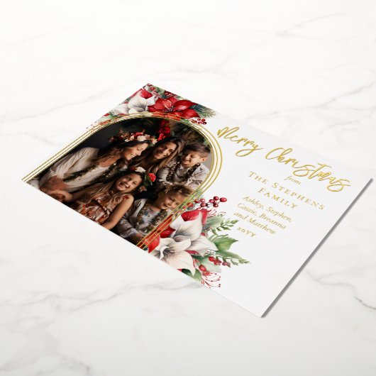 Poinsettias en dennen gebogen foto Vrolijk kerstfe Folie Feestdagenkaart (Gedraaid)