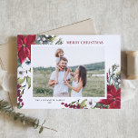 Poinsettias en Fir Leaves Merry-kerstfoto Feestdagen Kaart<br><div class="desc">Vrolijk kerstfeest! Verstuur vakantiewensen en groeten naar familie en vrienden met deze aanpasbare waterverf vakantiefotokaart. Het bevat waterverf pinecones,  dennenaalden,  hollies,  bessen en rode poinsettias. Personaliseer u door namen,  berichten,  foto's en andere details toe te voegen. Deze kerstkaart is verkrijgbaar in andere kartonnen dozen.</div>