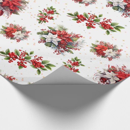  poinsettias en Holly Christmas White Cadeaupapier (Hoek)