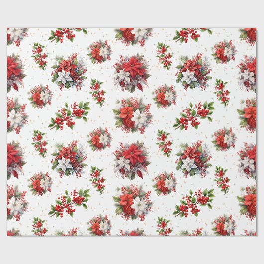  poinsettias en Holly Christmas White Cadeaupapier (Vlak)
